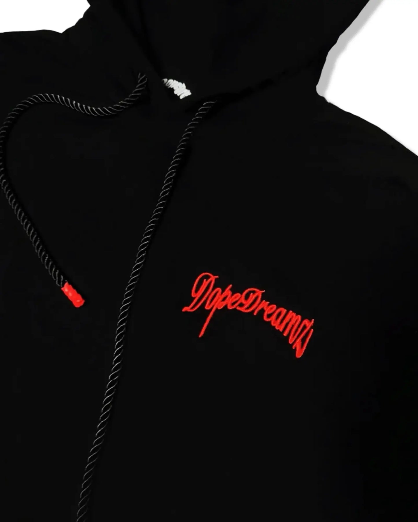 black and red hoodie details close up